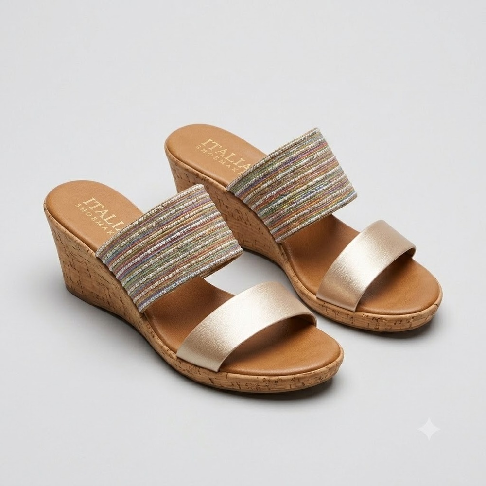 Italian Shoemakers Womens Gold Multi Metallic Striped Cork Wedge Sandals 7.5